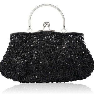 Evening Sequin Bag Purse Clutch Vintage Design Floral Kiss Lock
